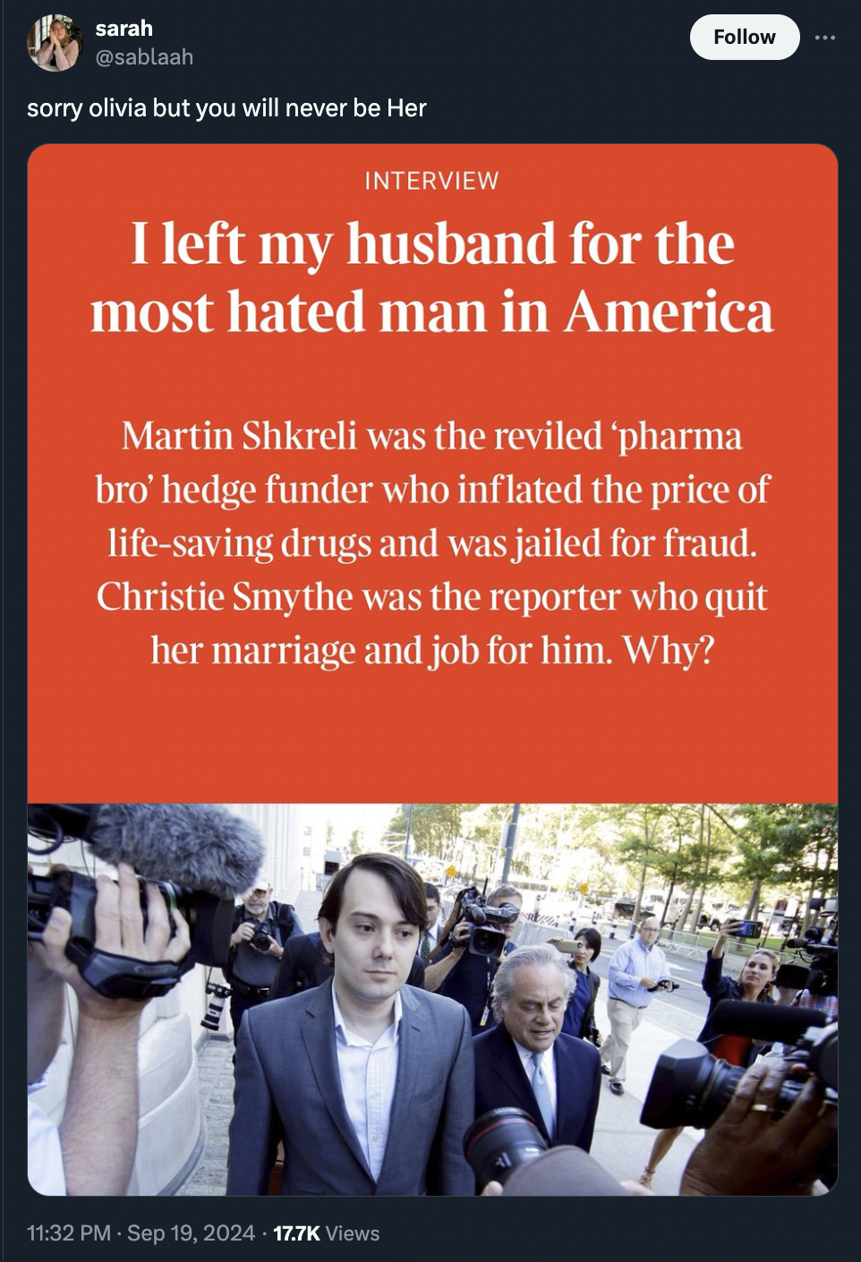 screenshot - sarah sorry olivia but you will never be Her Interview I left my husband for the most hated man in America Martin Shkreli was the reviled 'pharma bro' hedge funder who inflated the price of lifesaving drugs and was jailed for fraud. Christie 